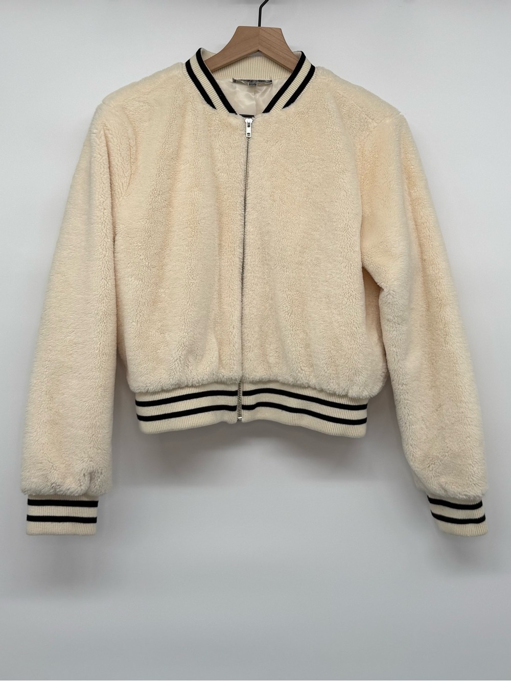 Blue Blush Cream Faux Fur Stripe Collar Zip Up Varsity Bomber Jacket M